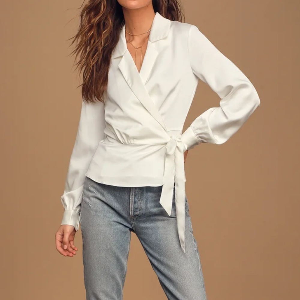Lulus Boss Mode White Satin Long Sleeve Wrap Top, NWT, Size medium 🌷